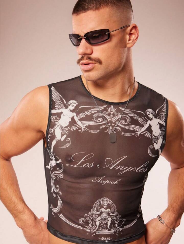 Fevercity Men's Angle Print Casual Fashion Tank Top Men Rave Top Men Mesh Crop Top Men Top Men's Graphic cropped Top Los Angeles Mesh Top